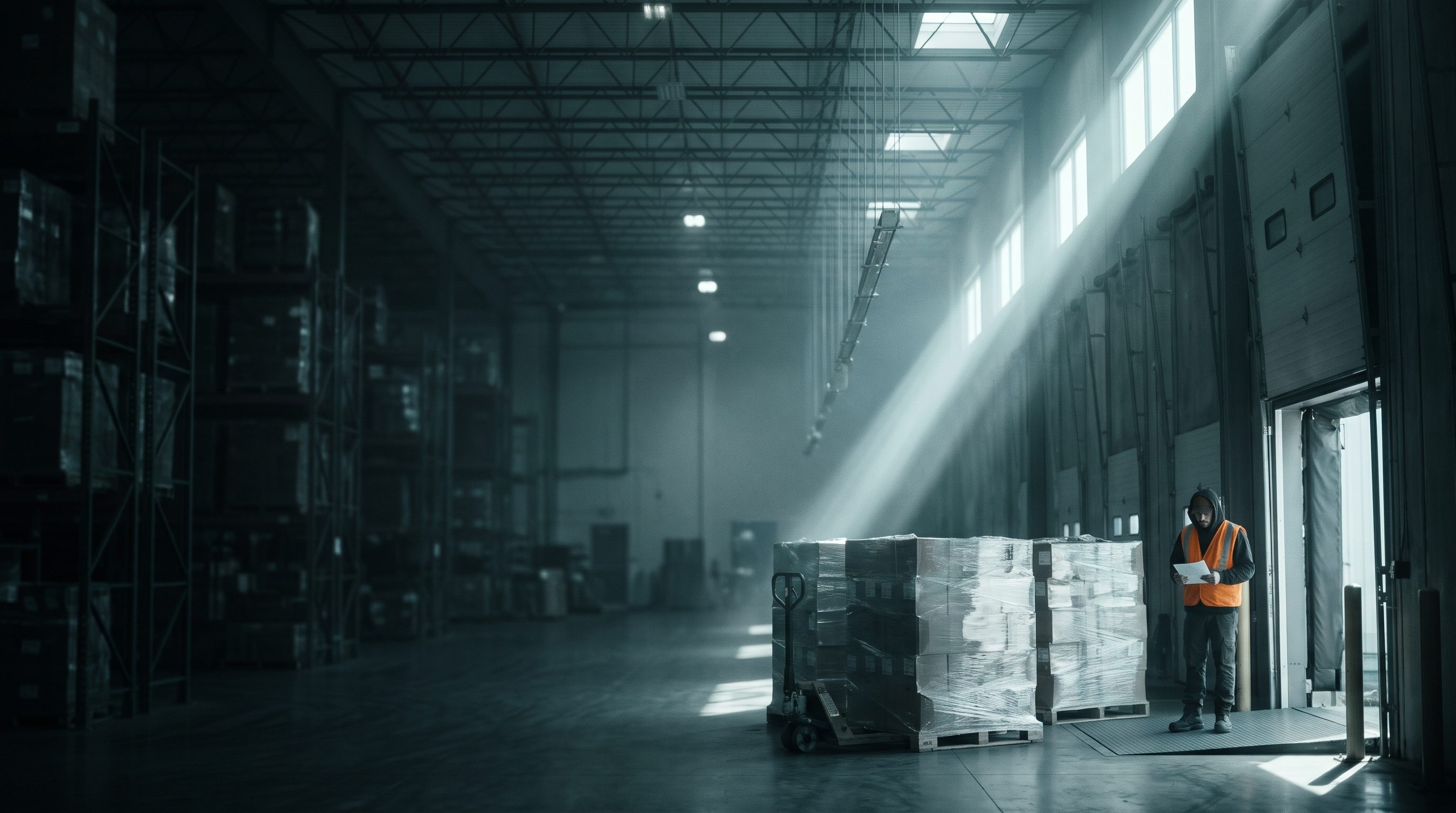 A hazy warehouse with light falling in shafts from high windows. By an open dock door, a worker in an orange vest checks a paper bill of lading.
