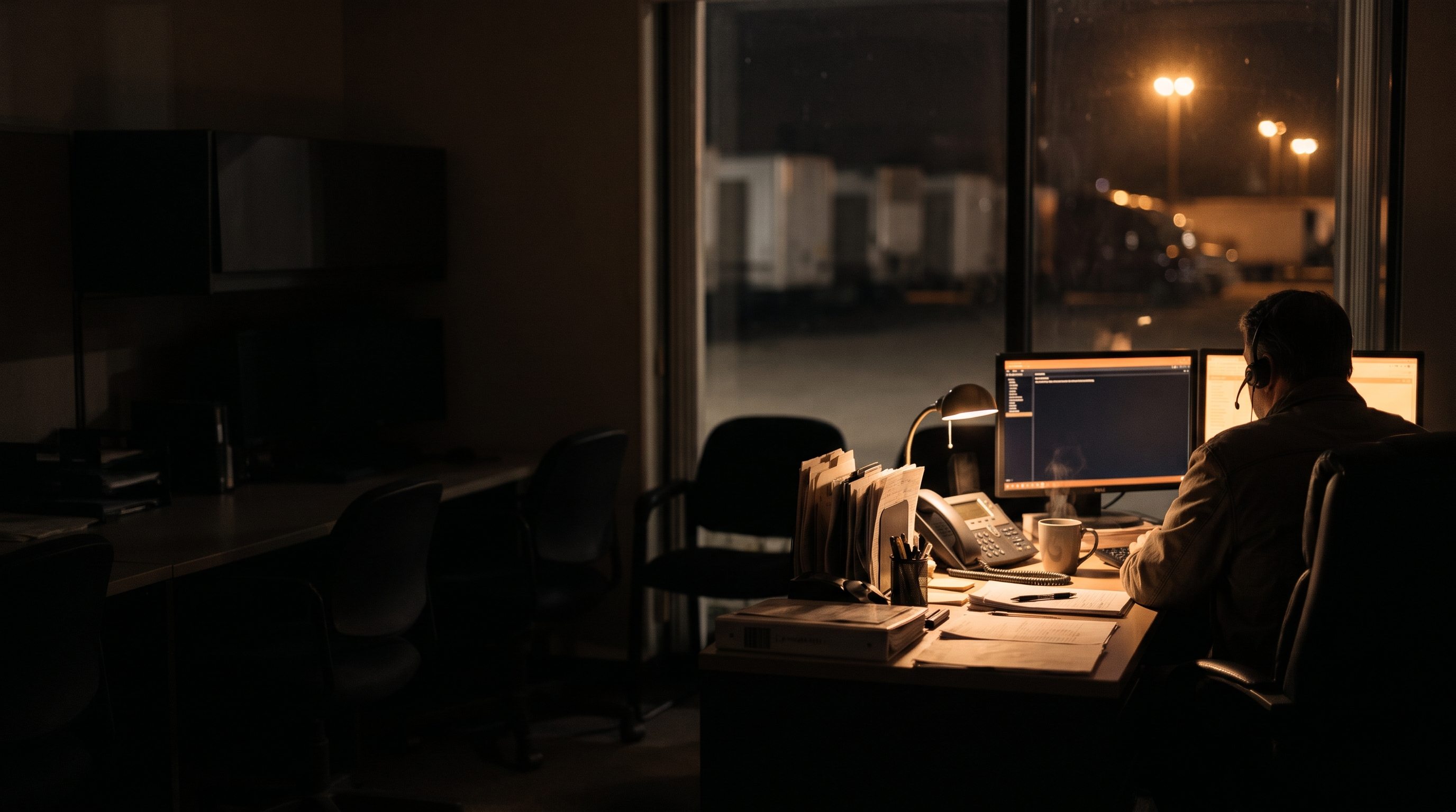 A dispatcher at night seen from behind, working at warm monitors, with a truck yard through the window.
