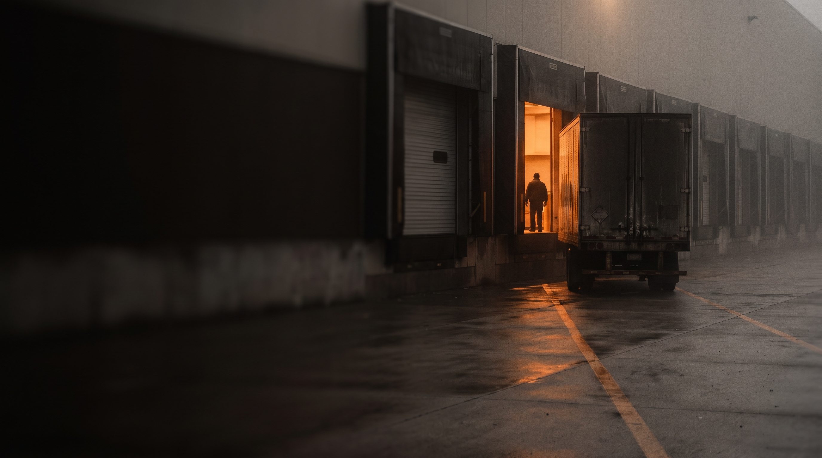 A foggy loading dock at dawn. One open door is lit amber, with a worker standing in it and an amber guide line on the concrete.